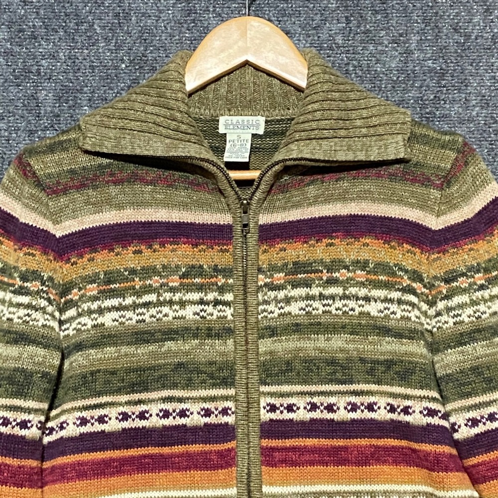Classic Elements Petite S Zip Up Cardigan Sweater Multicolored Stripes Fair Isle - Picture 3 of 10